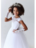 Beaded White Lace Tulle V Back Flower Girl Dress